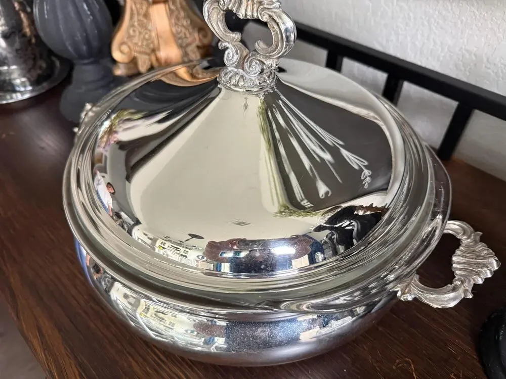 Vintage F.B. Rogers Silver Plated Covered Casserole Pyrex Insert Mid Century